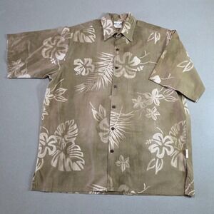 Go Barefoot Mens Hawaiian Shirt Medium Olive Green Floral Tropical Made in USA